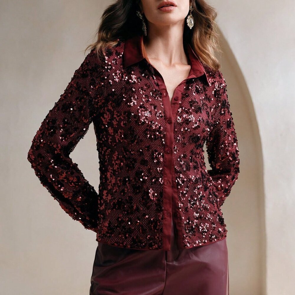 Wine Burgundy Casual Women's Mesh Sexy Sequin Blouse - Picture 6 of 6
